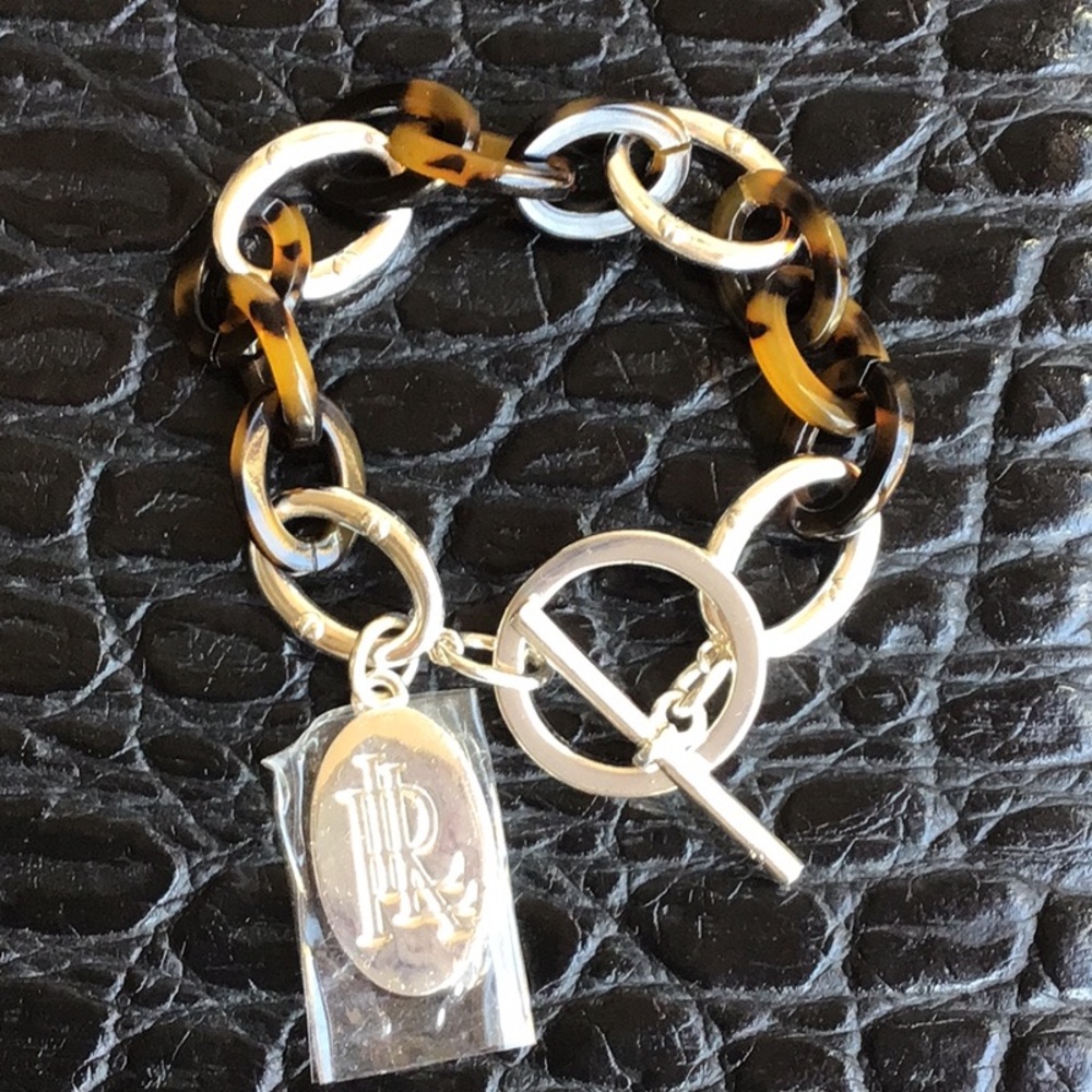 Lauren Ralph Lauren Tortoise Link Toggle Bracelet Silvertone Logo Charm NWOT